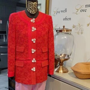Rena Lange Red Textured Blazer with Floral Buttons